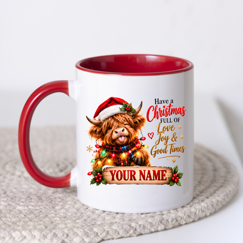 Personalised Christmas Mug "Have A Christmas Full Of Love, Joy & Good Times" 325ml Ceramic Coffee Tea Cup – Santa Hat Highland Cow, Fairy Lights, Custom Name & Festive Slogan Novelty Gift for Bestie, Women, Holiday – Fast Dispatch by UK Seller (M3517)