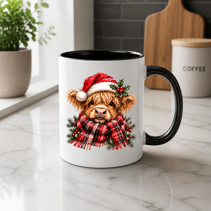 Christmas Santa Hat Highland Cow Mug Cute Christmas Highland Cow in Santa Hat 325ml Ceramic Coffee Mug – Fluffy Scottish Calf wearing Red Santa Hat & Cozy Scarf | Festive Winter Gift | Fast Dispatch by UK Seller (M3430)