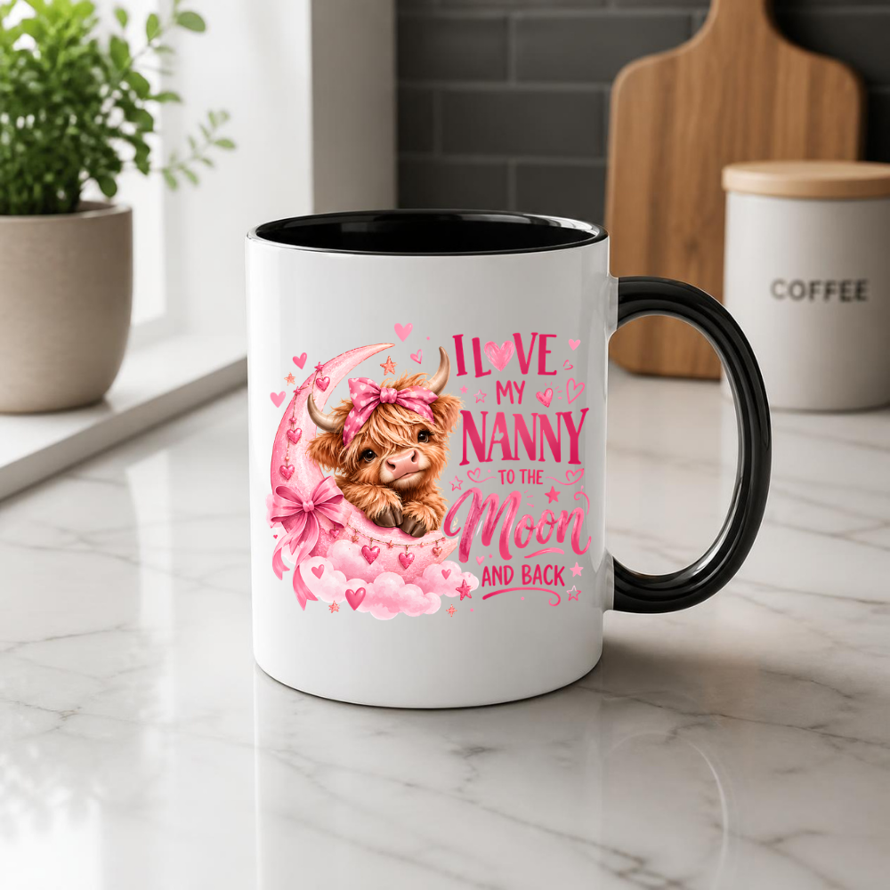 Cute Highland Cow Mug "I Love My Nanny To The Moon And Back" I Love My Nanny To The Moon And Back 325ml Ceramic Coffee Mug – Adorable Baby Highland Cow on Pink Moon with Bow & Hearts | Sentimental Nanny Gift | Fast Dispatch by UK Seller (M3457)