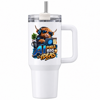 Funny Tech Highland Cow Travel Tumbler "AI Fuels Big Ideas" Graphic 40oz Stainless Steel Insulated Mug with Handle & Straw – Coding Cow in Sunglasses, Headphones, Laptop & Coffee Mug Novelty Gift for Coders & Office | Fast Dispatch by UK Seller (T3057)