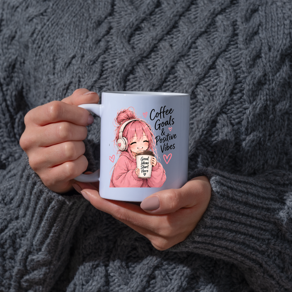 Inspirational Anime Mug "Coffee Goals & Positive Vibes" Cute Pink Hair Girl 325ml Ceramic Coffee Mug Aesthetic Work & Study Tea Cup with Headphones & Coffee Cup Graphic Gift | Available in Multicolours | Fast Dispatch by UK Seller (M3026)
