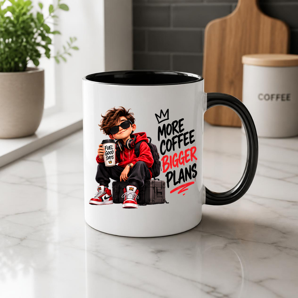 Motivational Mug "More Coffee Bigger Plans" 325ml Ceramic Coffee Tea Cup – Cool Boy Graphic, Red Hoodie, Sunglasses & Slogan Novelty Gift for Coffee Lovers, Teens, Birthday – Fast Dispatch by UK Seller (M3499)
