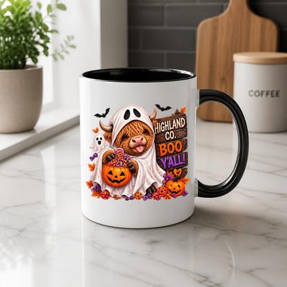 Halloween Mug "Ghost Costume Boo Y'all Highland Co." Ghost Costume Highland Cow 325ml Ceramic Coffee Mug – Cute Trick-or-Treat Tea Cup with Sheet Outfit Wooden Sign Graphic Gift | Available in Multicolours | Fast Dispatch by UK Seller (M3178)