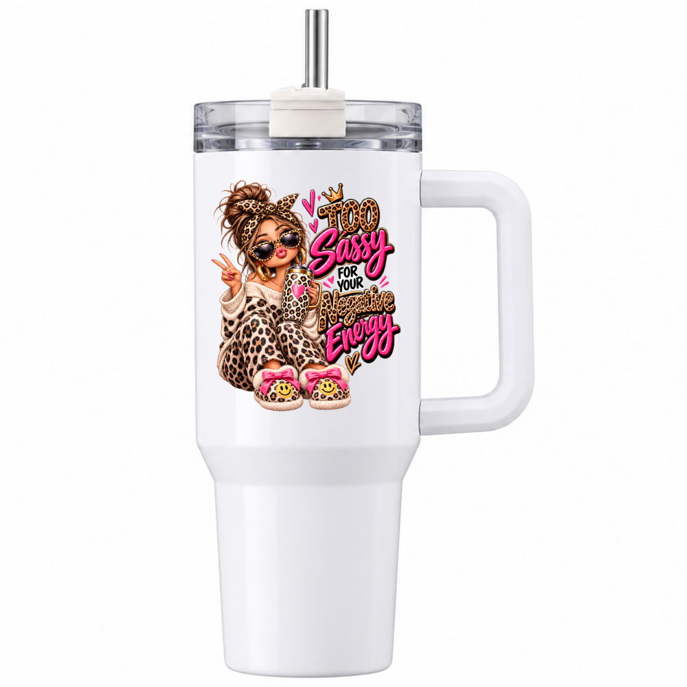 Sassy Leopard Print Travel Tumbler "Too Sassy For Your Negative Energy" Graphic 40oz Stainless Steel Insulated Travel Mug with Handle & Straw â€“ Fashion Girl with Peace Sign, Sunglasses & Slippers Novelty Travel Cup | Fast Dispatch by UK Seller (T3005)