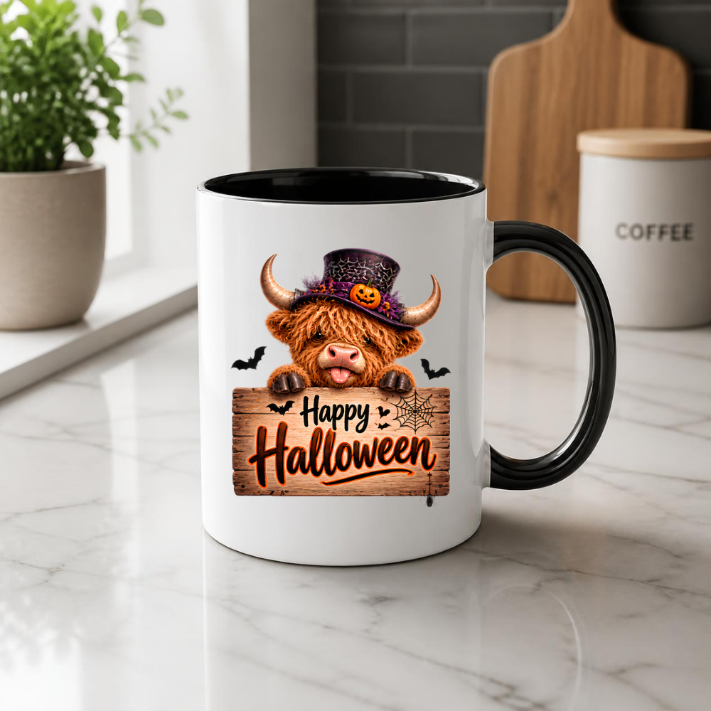 Halloween Mug "Top Hat Wooden Sign Happy Halloween" Top Hat Highland Cow 325ml Ceramic Coffee Mug – Cute Halloween Wooden Sign Tea Cup with Spider Web Graphic Gift | Available in Multicolours | Fast Dispatch by UK Seller (M3166)