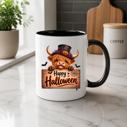 Halloween Mug "Top Hat Wooden Sign Happy Halloween" Top Hat Highland Cow 325ml Ceramic Coffee Mug – Cute Halloween Wooden Sign Tea Cup with Spider Web Graphic Gift | Available in Multicolours | Fast Dispatch by UK Seller (M3166)