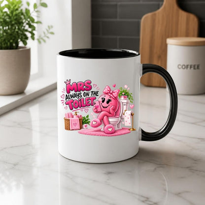Funny Mug "Mrs Always On The Toilet" Pink Phone Addict Bathroom Humour Ceramic Coffee Cup 350ml, Cute Novelty Gift for Wife Girlfriend Mum Sister Best Friend, Birthday Christmas Secret Santa Mothers Day Gag Present | Fast Dispatch by UK Seller (M1021)