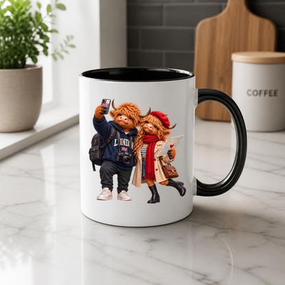 Fashion Mug "London Tourist Highland Cow Couple" London Tourist Highland Cow Couple 325ml Ceramic Coffee Mug – Trendy Sightseeing Tea Cup With Smartphone Selfie Map Hoodie Graphic Gift | Available in Multicolours | Fast Dispatch by UK Seller (M3190)