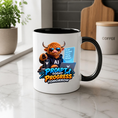 Tech Mug "Prompt Today Progress Tomorrow" 325ml Ceramic Coffee Mug – Highland Cow in Sunglasses with Laptop Coffee AI Screen Modern Tech Gift For Developers AI Prompt Engineers | Available in Multicolours | Fast Dispatch by UK Seller (M3230)