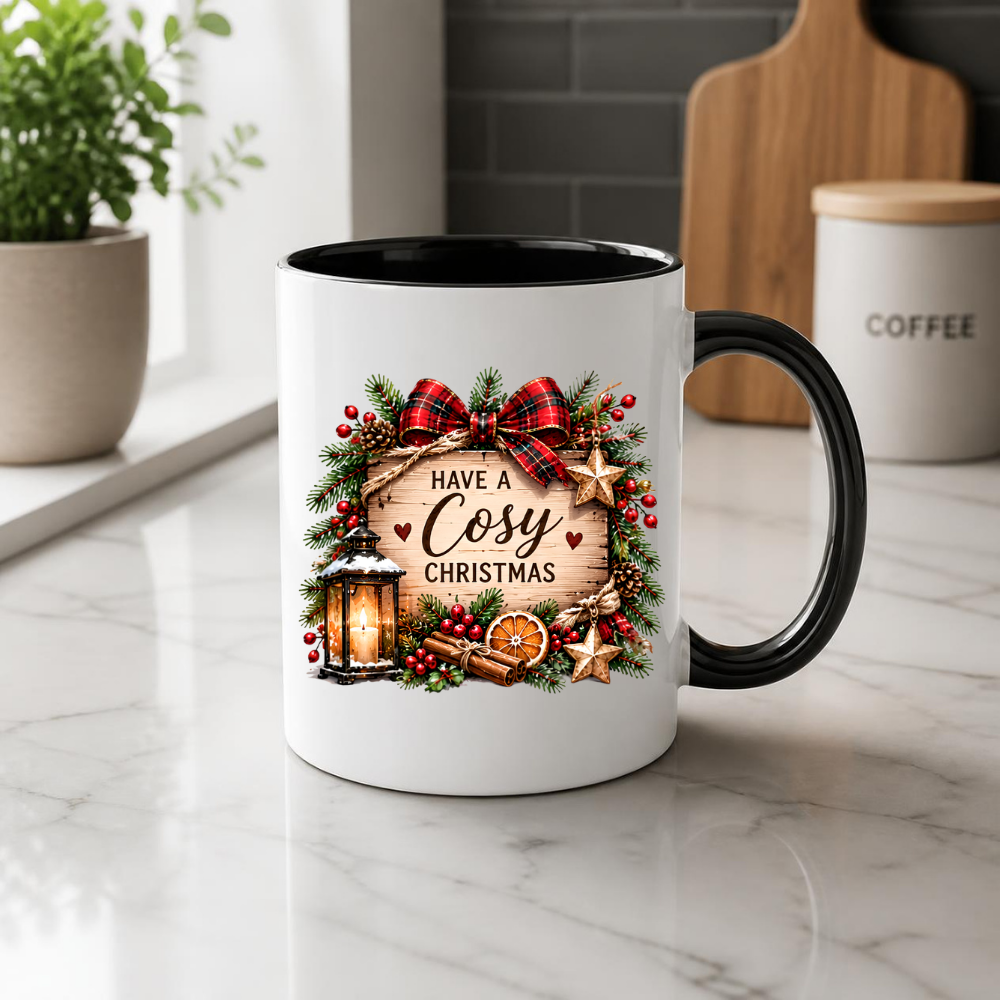 Rustic Wood Sign Christmas Mug "Have A Cosy Christmas" Have A Cosy Christmas 325ml Ceramic Coffee Mug – Rustic Wooden Plaque with Pine Wreath, Red Tartan Bow, Glowing Lantern & Cinnamon Sticks | Festive Holiday Gift | Fast Dispatch by UK Seller (M3438)