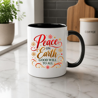 Christmas Mug "Peace On Earth Good Will To All" 325ml Ceramic Coffee Mug – Festive Christmas Blessing Mug With Gold Snowflakes Red Calligraphy Religious Holiday Gift | Available in Multicolours | Fast Dispatch by UK Seller (M3293)