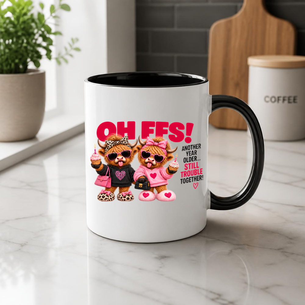 Birthday Highland Cows Mug "Oh Ffs! Another Year Older... Still Trouble Together" Oh Ffs! Another Year Older 325ml Ceramic Coffee Mug–Cute Highland Cows with Cupcakes, Handbags & Sunglasses | Funny Bestie Birthday Gift | Fast Dispatch by UK Seller (M3369)