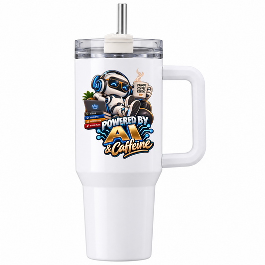 Funny Tech Travel Tumbler "POWERED BY AI & Caffeine" Graphic 40oz Stainless Steel Insulated Travel Mug with Handle & Straw – Cool Robot with Laptop, Coffee Mug & Prompts Books Novelty Gift for Coders, Techies & Office | Fast Dispatch by UK Seller (T3047)