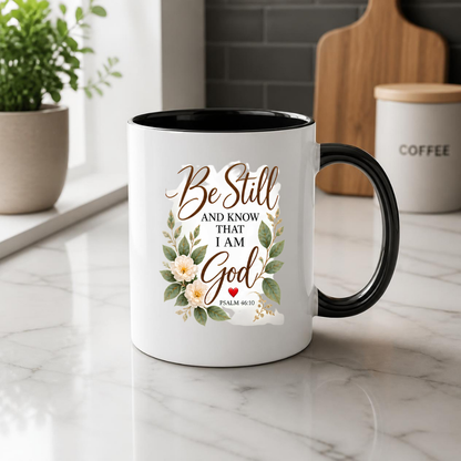 Inspirational Christian Mug "Be Still And Know That I Am God Psalm 46:10" 325ml Ceramic Coffee Mug –Christian Bible Verse Mug With Floral Wreath Leaves Inspirational Gift | Available in Multicolours | Fast Dispatch by UK Seller (M3299)