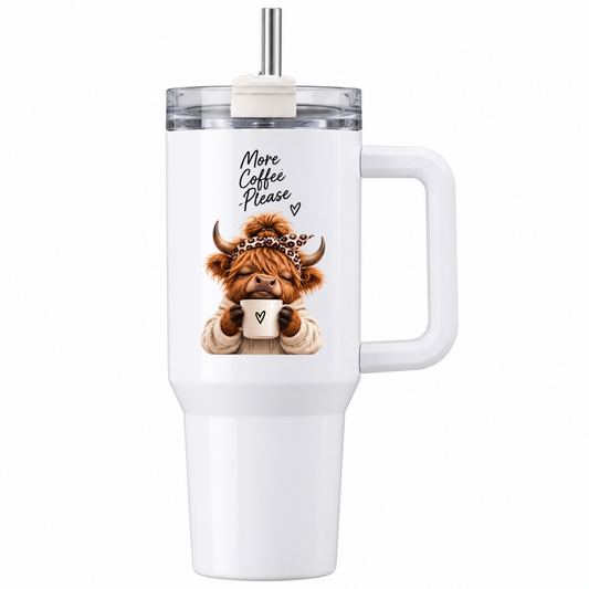 Cute Highland Cow Travel Tumbler "More Coffee Please" Graphic 40oz Stainless Steel Insulated Travel Mug with Handle & Straw – Cozy Cow in Leopard Headband & Cream Hoodie with Coffee Cup Novelty Travel Cup | Fast Dispatch by UK Seller (T3030)