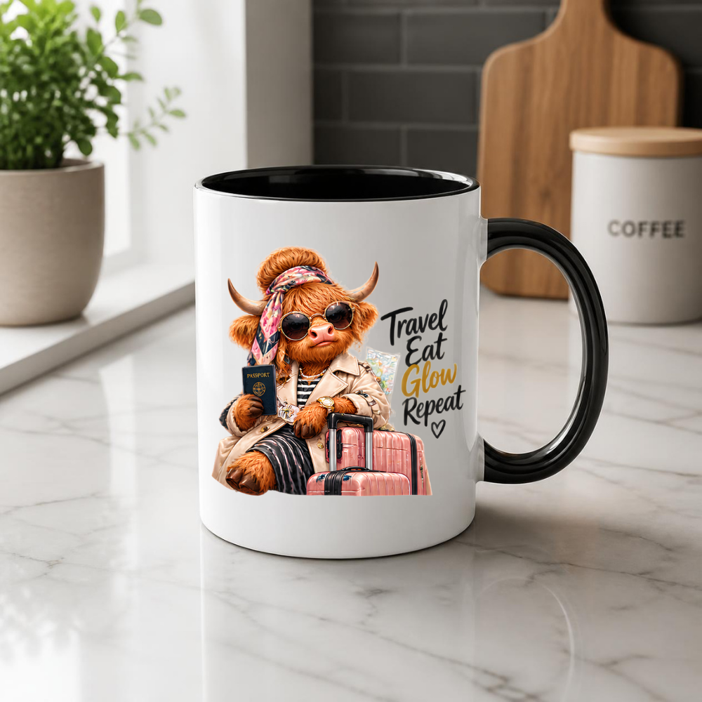 Travel Mug "Travel Eat Glow Repeat Highland Cow" Travel Eat Glow Repeat 325ml Ceramic Coffee Mug – Chic Highland Cow with Passport, Pink Suitcase Trench Coat Wanderlust Holiday Gift | Available in Multicolours | Fast Dispatch by UK Seller (M3279)