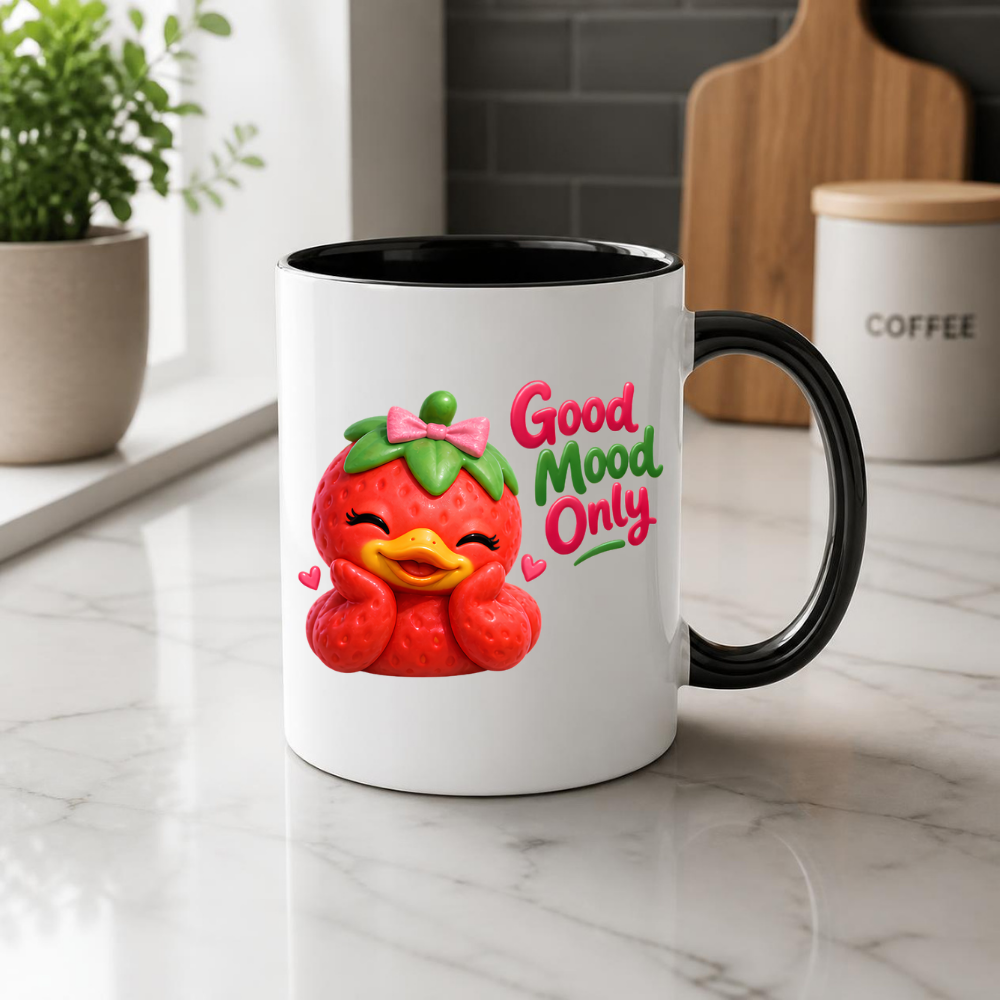 Inspirational Mug "Good Mood Only Strawberry Duck" Good Mood Only 325ml Ceramic Coffee Mug – Cute Smiling Strawberry Duck with Pink Bow | Available in Multicolours | Fast Dispatch by UK Seller (M3248)