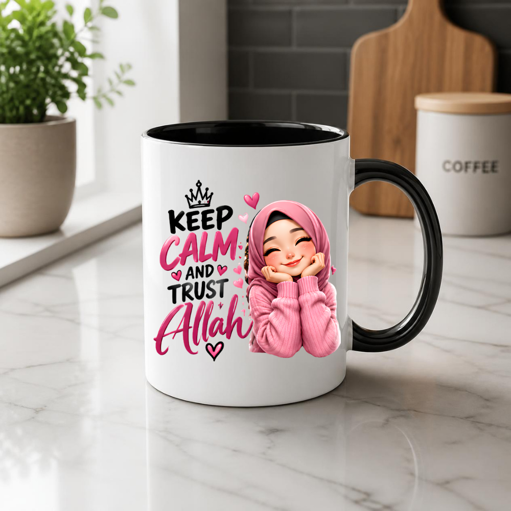 Islamic Mug "Keep Calm And Trust Allah" 325ml Ceramic Coffee Tea Cup – Pink Hijabi Girl Graphic, Hearts & Faith Slogan Novelty Gift for Muslim Women, Friends, Birthday – Fast Dispatch by UK Seller (M3505)