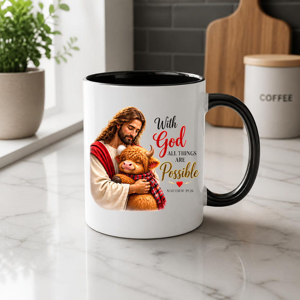 Religious Christmas Mug "With God All Things Are Possible" Highland Cow With God All Things Are Possible 325ml Ceramic Coffee Mug – Christian Jesus Hugging Highland Cow Scripture Mug with Matthew 19:26 | Religious Gift | Fast Dispatch by UK Seller (M3353)