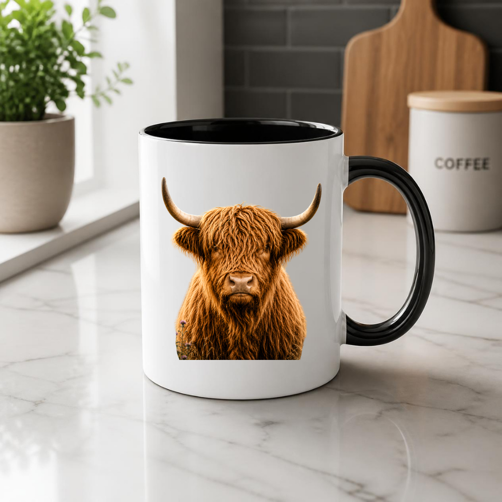 Rustic Mug "Classic Highland Cow" Majestic Highland Cow 325ml Ceramic Coffee Mug Country Wildlife Tea Cup with Horns and Thistle Graphic Gift | Available in Multicolours | Fast Dispatch by UK Seller (M3154)