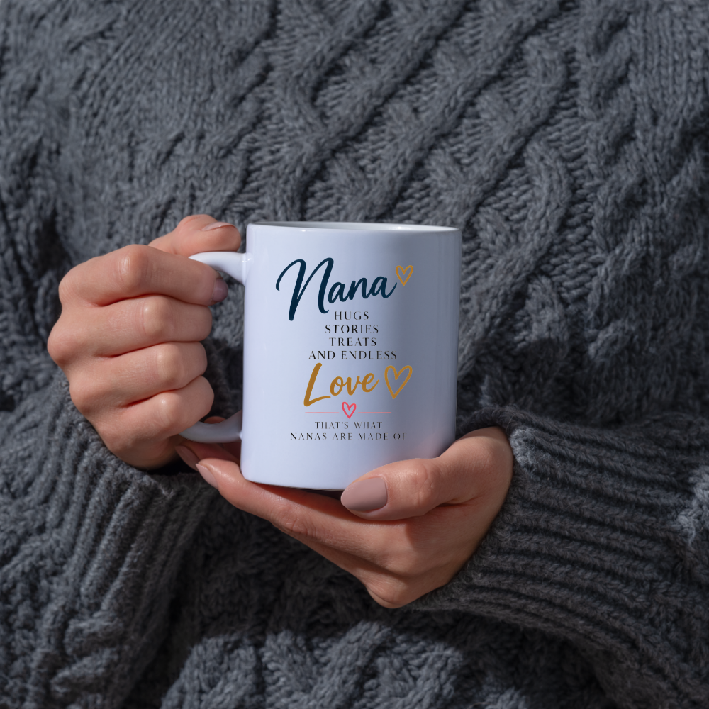 Family Mug "Nana HUGS STORIES TREATS AND ENDLESS Love THAT'S WHAT NANAS ARE MADE OF" Sweet Grandma 325ml Ceramic Coffee Mug Heartwarming Nana Tea Cup with Gold Hearts Graphic Gift | Available in Multicolours | Fast Dispatch by UK Seller (M3020)