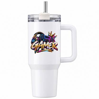 Gamer Headphones & Controller Travel Tumbler "GAMER" Graphic 40oz Stainless Steel Insulated Travel Mug with Handle & Straw – Metallic Neon Headset, Gamepad, Crown & Graffiti Style Text Novelty Travel Cup | Fast Dispatch by UK Seller (T3038)