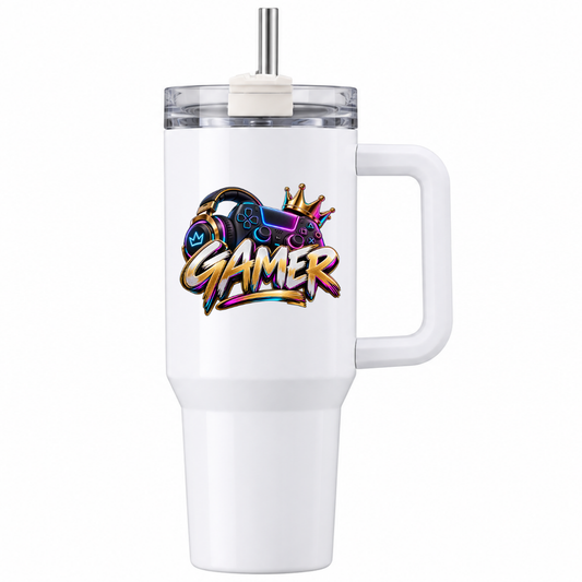 Gamer Headphones & Controller Travel Tumbler "GAMER" Graphic 40oz Stainless Steel Insulated Travel Mug with Handle & Straw – Metallic Neon Headset, Gamepad, Crown & Graffiti Style Text Novelty Travel Cup | Fast Dispatch by UK Seller (T3038)