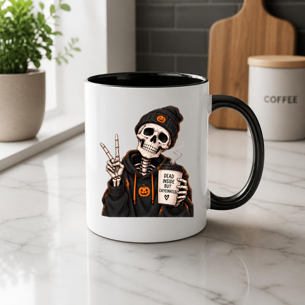 Halloween Mug "Skeleton Dead Inside But Caffeinated" Skeleton Dead Inside But Caffeinated 325ml Ceramic Coffee Mug – Funny Halloween Autumn Tea Cup Skeleton Black Hoodie Cup Graphic Gift | Available in Multicolours | Fast Dispatch by UK Seller (M3224)