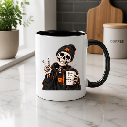 Halloween Mug "Skeleton Dead Inside But Caffeinated" Skeleton Dead Inside But Caffeinated 325ml Ceramic Coffee Mug – Funny Halloween Autumn Tea Cup Skeleton Black Hoodie Cup Graphic Gift | Available in Multicolours | Fast Dispatch by UK Seller (M3224)