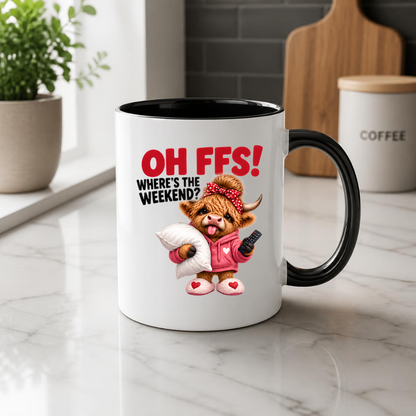 Highland Cow Weekend Mug "OH FFS! Where's The Weekend?" Oh Ffs! Where's The Weekend? 325ml Ceramic Coffee Mug – Cute Highland Cow in Pink Hoodie with Pillow, Remote & Heart Slippers | Funny Lazy Day Gift | Fast Dispatch by UK Seller (M3379)