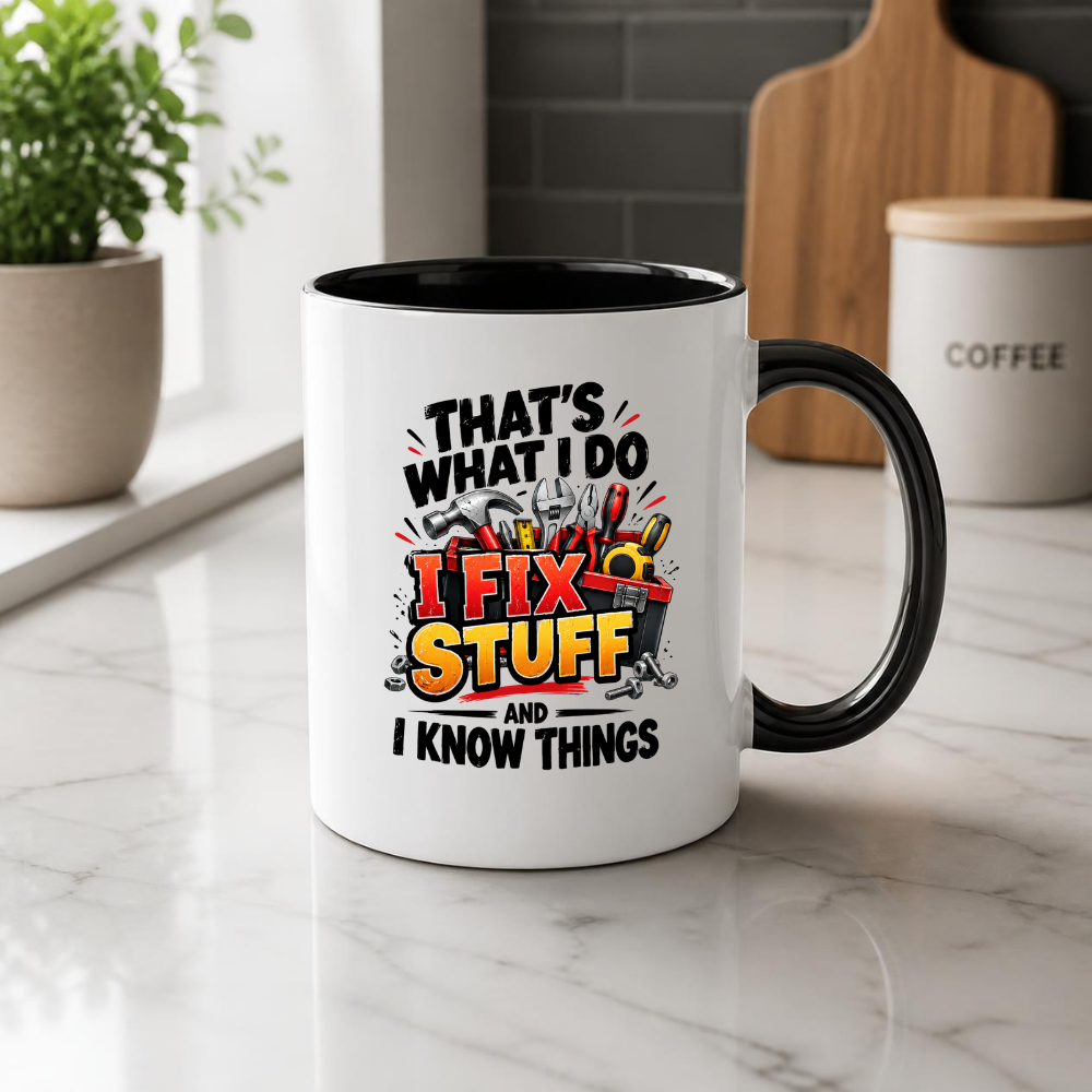 Funny Mug "That's What I Do I Fix Stuff And I Know Things" Handyman Mechanic DIY Repair Coffee Cup, 350ml Ceramic Novelty Gift for Dad Grandad Husband Men, Birthday Christmas Secret Santa Father's Day | Fast Dispatch by UK Seller (M1055)