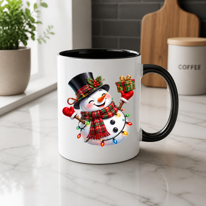 Christmas Mug "Cheerful Snowman Plaid Scarf Gift" Cheerful Snowman 325ml Ceramic Coffee Mug – Festive Christmas Tea Cup with Plaid Scarf, Top Hat Christmas Lights Gift Graphic Gift | Available in Multicolours | Fast Dispatch by UK Seller (M3184)