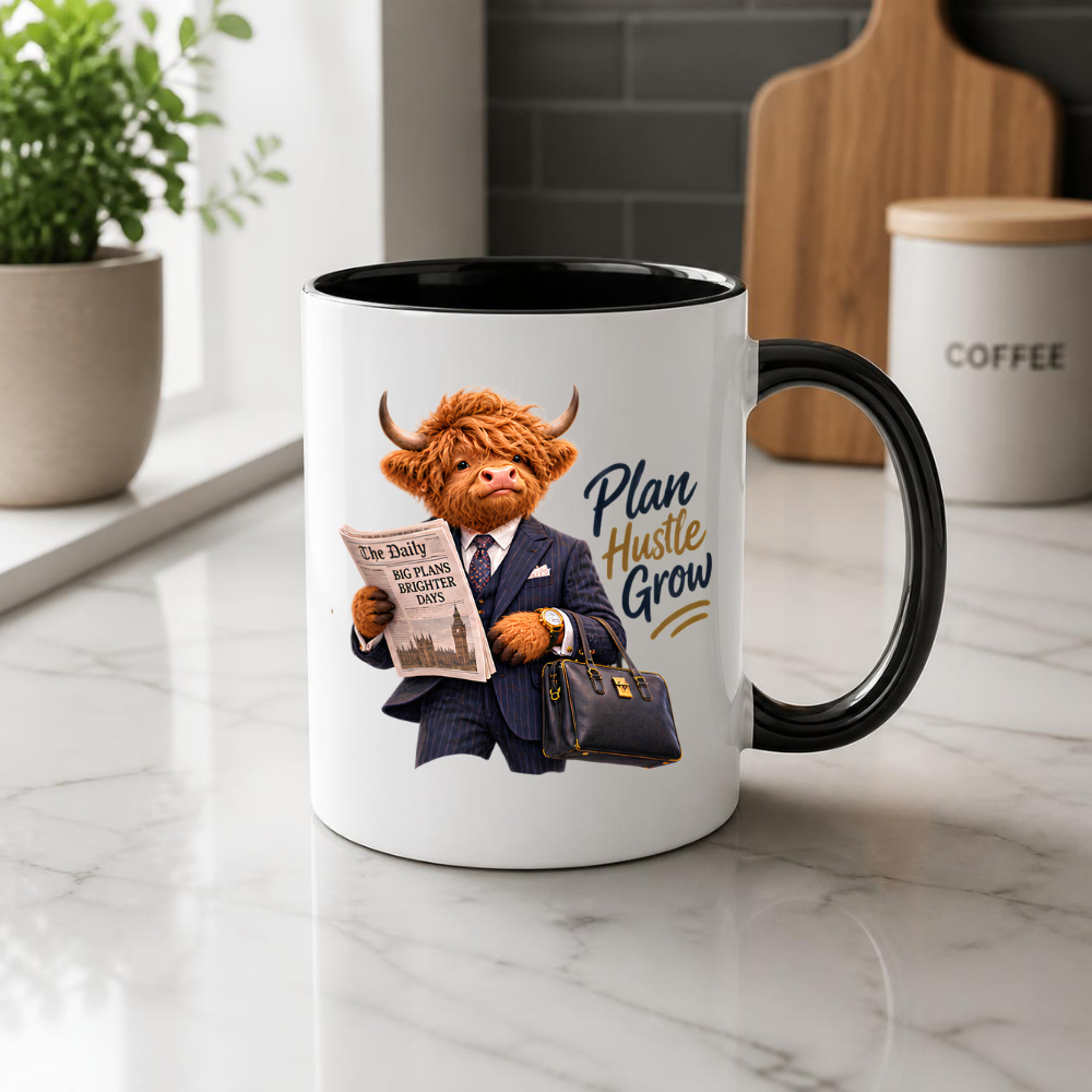 Gentleman Mug "Plan Hustle Grow Businessman Highland Cow" 325ml Ceramic Coffee Mug – Dapper Highland Cow Businessman Reading Newspaper With Leather Briefcase Office Career Gift | Available in Multicolours | Fast Dispatch by UK Seller (M3285)