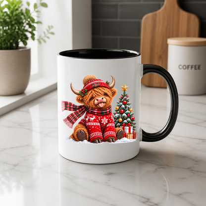 Christmas Mug "Festive Christmas Jumper Highland Cow" Christmas Jumper Highland Cow 325ml Ceramic Coffee Mug – Cute Winter Tea Cup with Christmas Tree Present Graphic Gift | Available in Multicolours | Fast Dispatch by UK Seller (M3172)