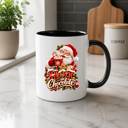Christmas Mug "Hot Chocolate" Santa Claus Hot Chocolate 325ml Ceramic Coffee Mug – Jolly Winking Santa Holding Cocoa with Gingerbread Man, Candy Cane & Gold Typography | Festive Holiday Gift | Fast Dispatch by UK Seller (M3361)