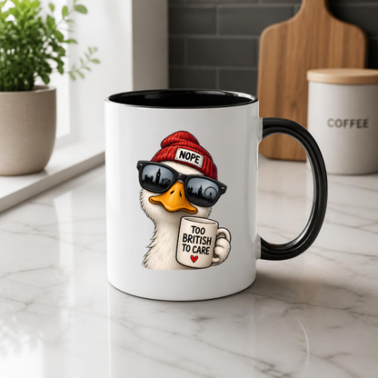 British Humour Mug "TOO BRITISH TO CARE" Funny Duck 325ml Ceramic Coffee Mug Cheeky London Duck Tea Cup with Union Jack-Inspired British Artwork Gift | Available in Multicolours | Fast Dispatch by UK Seller (M3002)