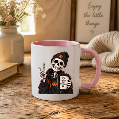 Halloween Mug "Skeleton Dead Inside But Caffeinated" Skeleton Dead Inside But Caffeinated 325ml Ceramic Coffee Mug – Funny Halloween Autumn Tea Cup Skeleton Black Hoodie Cup Graphic Gift | Available in Multicolours | Fast Dispatch by UK Seller (M3224)