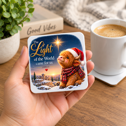 Festive Christian Christmas Coaster "The Light of the World Came for Us John 1:5" Graphic Glossy Hardboard 9x9cm Drinks Mat – Highland Cow, Star of Bethlehem & Snowy Bethlehem Scene Holiday Tableware Gift | Fast Dispatch by UK Seller (C3062)