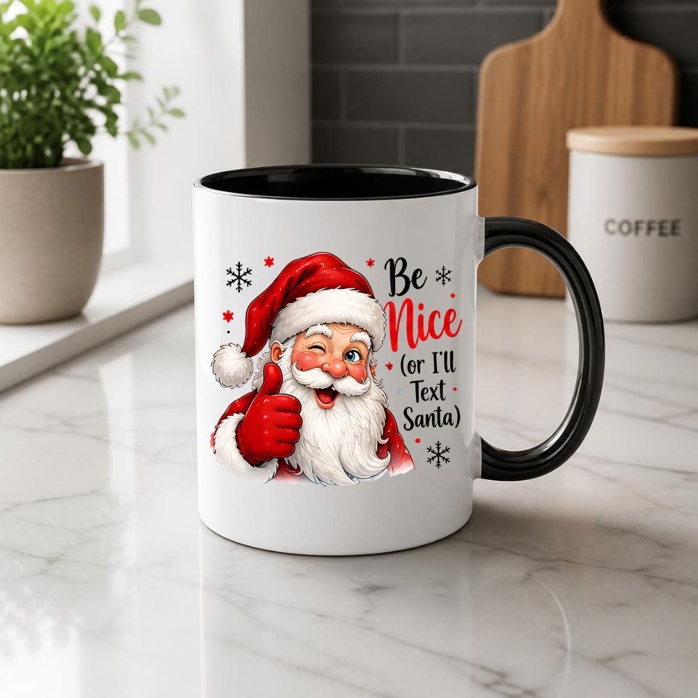 Humorous Mug "Be Nice (or I'll Text Santa)" Winking Santa 325ml Ceramic Coffee Mug – Funny Winter Holiday Tea Cup with Thumbs Up & Snowflakes | Available in Multicolours | Fast Dispatch by UK Seller (M1272)