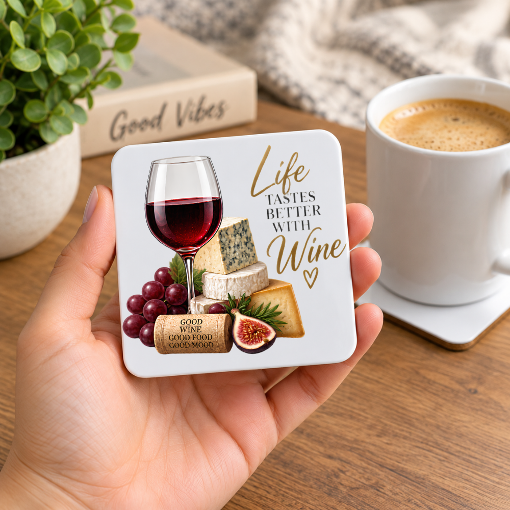 Elegant Wine & Cheese Hardboard Coaster "Life Tastes Better With Wine" Graphic 9cm x 9cm Square Drinks Coaster – Red Wine Glass with Gourmet Cheese Stack,Figs Novelty Mat | Elegant Glossy Gift for Foodies & Wine Lovers | Fast Dispatch by UK Seller (C3016)