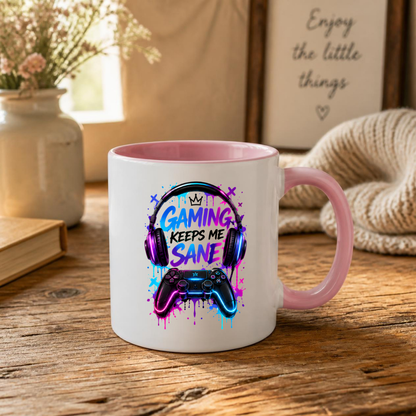 Gaming Mug "Gaming Keeps Me Sane" Gaming Keeps Me Sane 325ml Ceramic Coffee Mug – Neon Headset & Controller Mug with Blue and Pink Paint Splatter Art | Gamer Gift | Fast Dispatch by UK Seller (M3345)