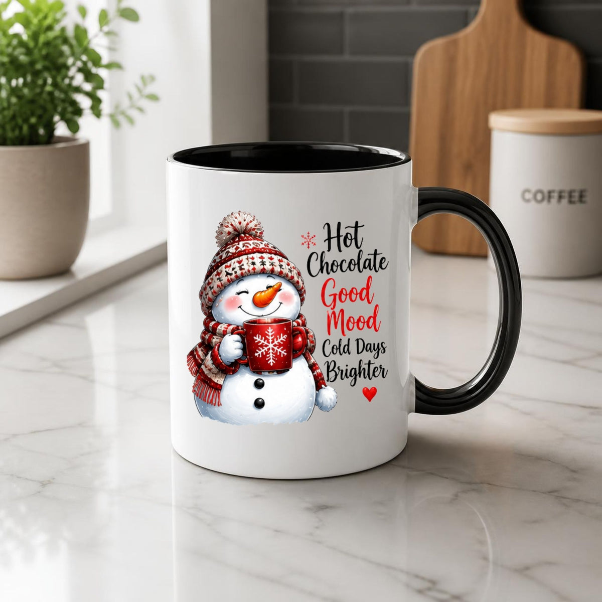 Cozy Mug "Hot Chocolate Good Mood Cold Days Brighter" Snowman 325ml Ceramic Coffee Mug – Cute Winter Holiday Tea Cup with Beanie & Hot Cocoa Gift | Available in Multicolours | Fast Dispatch by UK Seller (M1247)
