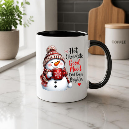 Cozy Mug "Hot Chocolate Good Mood Cold Days Brighter" Snowman 325ml Ceramic Coffee Mug – Cute Winter Holiday Tea Cup with Beanie & Hot Cocoa Gift | Available in Multicolours | Fast Dispatch by UK Seller (M1247)