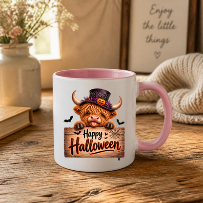 Halloween Mug "Top Hat Wooden Sign Happy Halloween" Top Hat Highland Cow 325ml Ceramic Coffee Mug – Cute Halloween Wooden Sign Tea Cup with Spider Web Graphic Gift | Available in Multicolours | Fast Dispatch by UK Seller (M3166)
