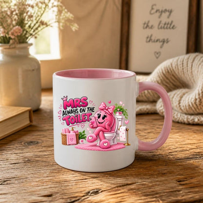 Funny Mug "Mrs Always On The Toilet" Pink Phone Addict Bathroom Humour Ceramic Coffee Cup 350ml, Cute Novelty Gift for Wife Girlfriend Mum Sister Best Friend, Birthday Christmas Secret Santa Mothers Day Gag Present | Fast Dispatch by UK Seller (M1021)