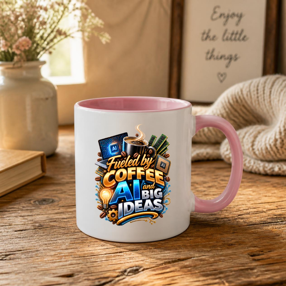 Tech Mug "Fueled By Coffee AI And Big Ideas" Fueled By Coffee AI And Big Ideas 325ml Ceramic Coffee Mug – Tech Programmer Mug with Laptop, CPU Chip & RAM | Gift for Developers & IT Specialists | Fast Dispatch by UK Seller (M3325)