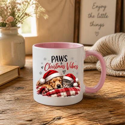 Christmas Dog & Cat Mug "Paws & Christmas Vibes" Paws & Christmas Vibes 325ml Ceramic Coffee Mug – Cute Sleeping Golden Retriever & Tabby Cat in Santa Hats on Plaid Blanket | Festive Holiday Gift | Fast Dispatch by UK Seller (M3405)