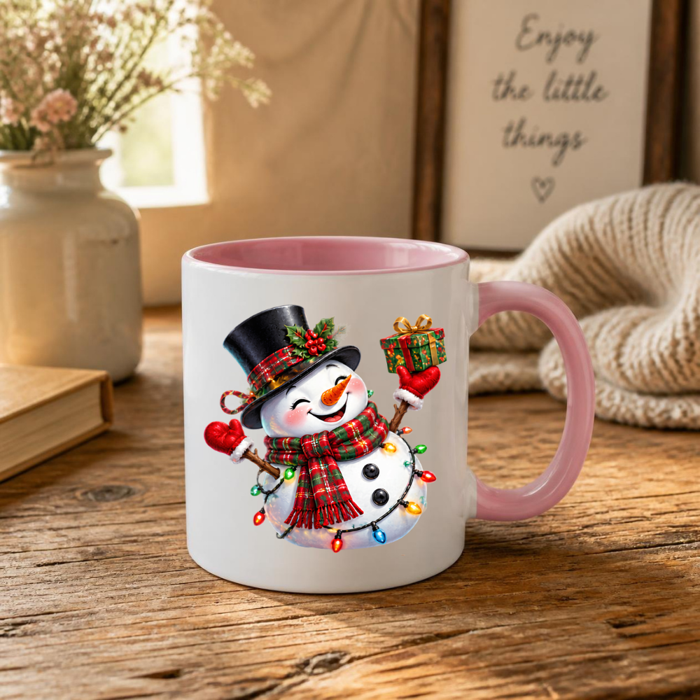 Christmas Mug "Cheerful Snowman Plaid Scarf Gift" Cheerful Snowman 325ml Ceramic Coffee Mug – Festive Christmas Tea Cup with Plaid Scarf, Top Hat Christmas Lights Gift Graphic Gift | Available in Multicolours | Fast Dispatch by UK Seller (M3184)