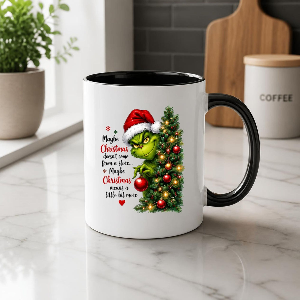 Heartwarming Mug "Maybe Christmas Means a Little Bit More" Green Holiday Character 325ml Ceramic Coffee Mug Festive Grumpy Christmas Tree Tea Cup with Santa Hat & Ornament Gift | Available in Multicolours | Fast Dispatch by UK Seller (M1240)