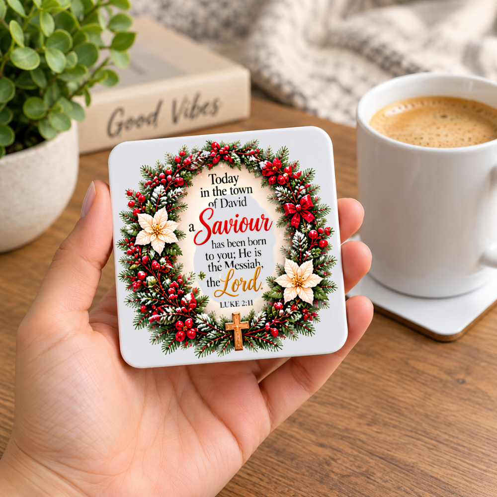 Inspirational Religious Hardboard Coaster "A Saviour Has Been Born To You" Graphic 9cm x 9cm Square Drinks Coaster – Festive Christmas Wreath with Wooden Cross, Poinsettias & Berries Novelty Mat | Christian Glossy Gift | Fast Dispatch by UK Seller (C3036)